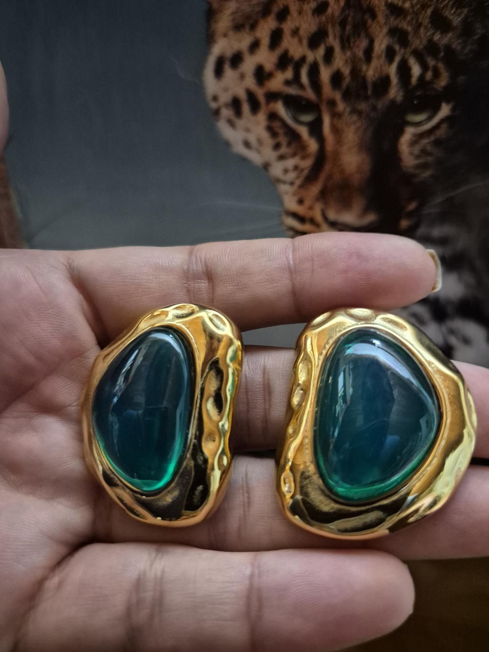Gold-Tone Drop Earrings with Teal Green Cabochon